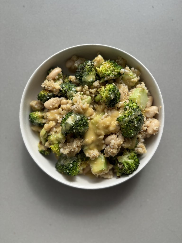 barley and quinoa salad in white bowl