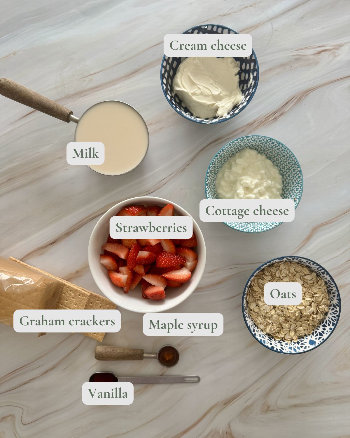 labelled ingredients for strawberry cheesecake oats.
