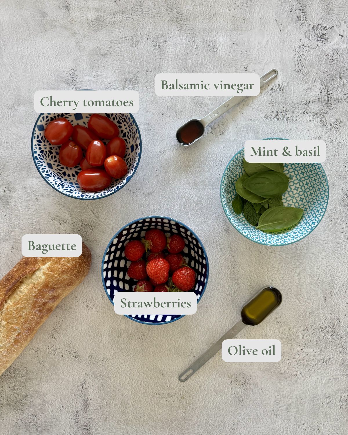 labelled ingredients for strawberry basil bruschetta.
