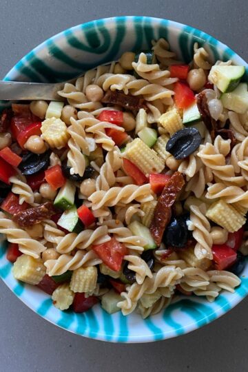 high protein pasta salad in a bowl.