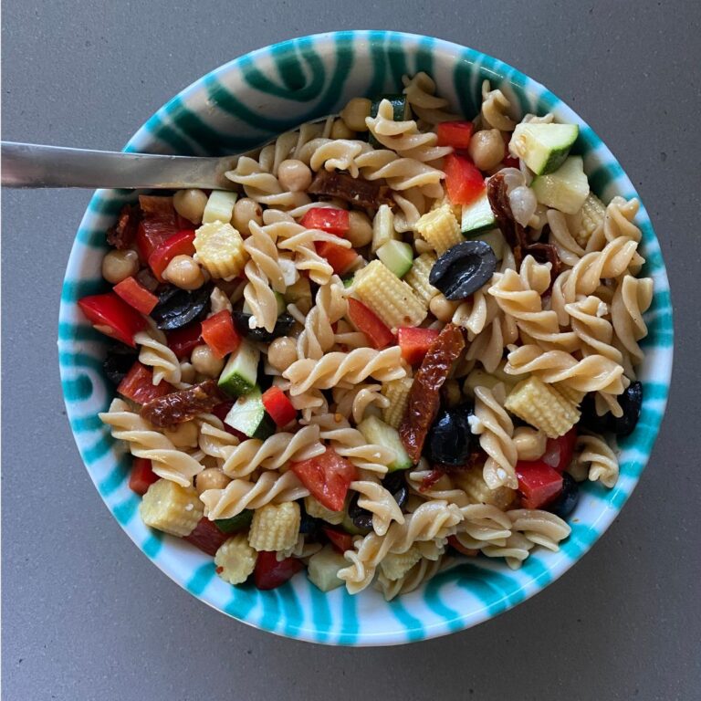 high protein pasta salad in a bowl.