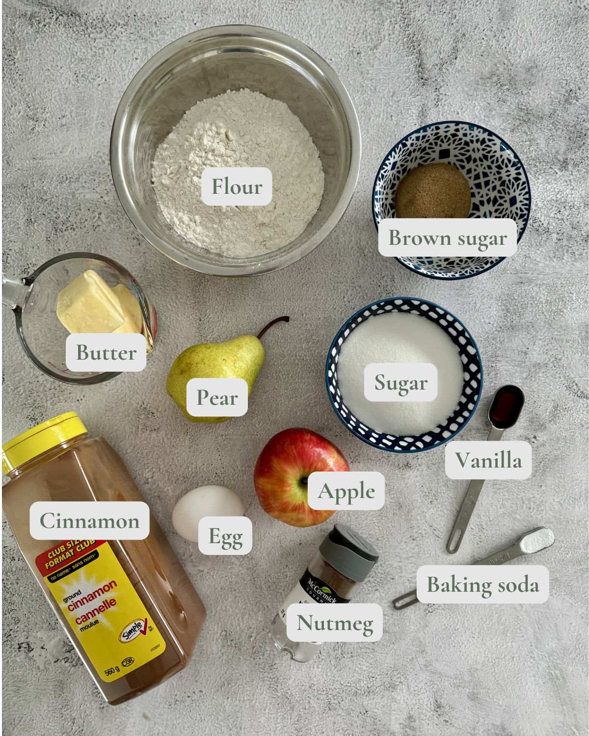 labelled ingredients for this apple pear loaf.