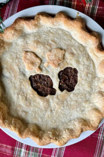 vegan meat pie on red tablecloth