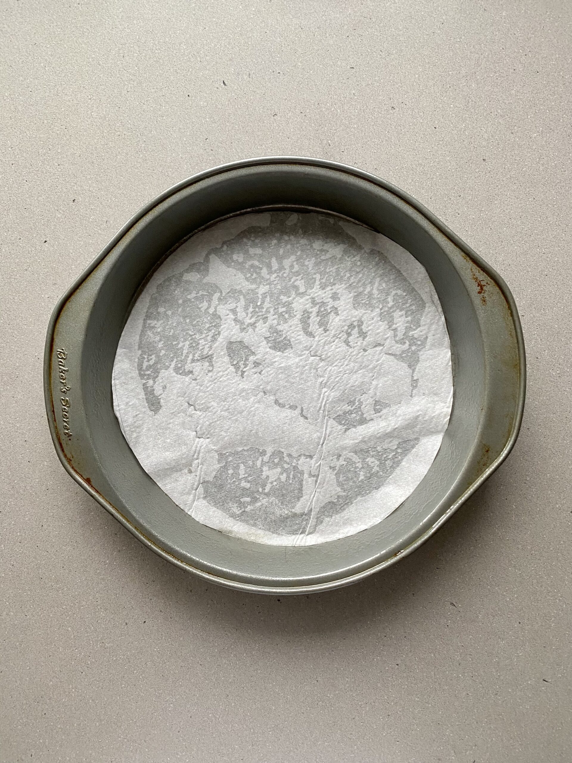 parchment paper lined cake pan.