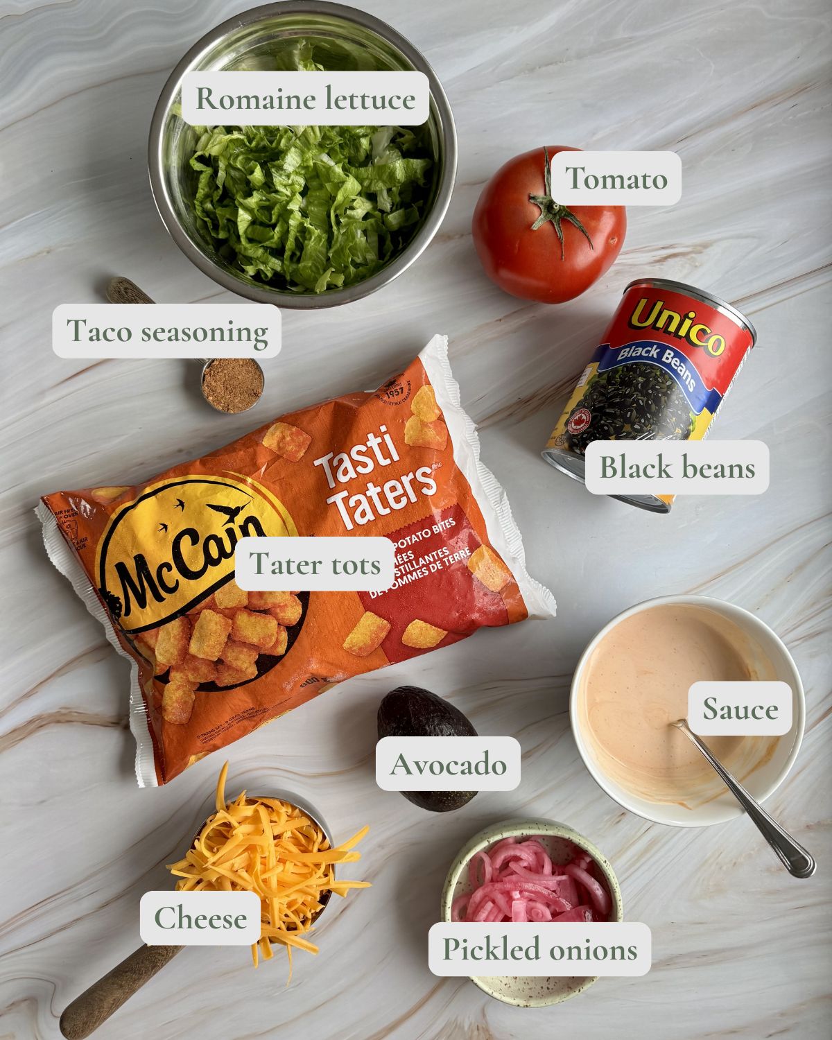 loaded tater tot casserole labelled ingredients.