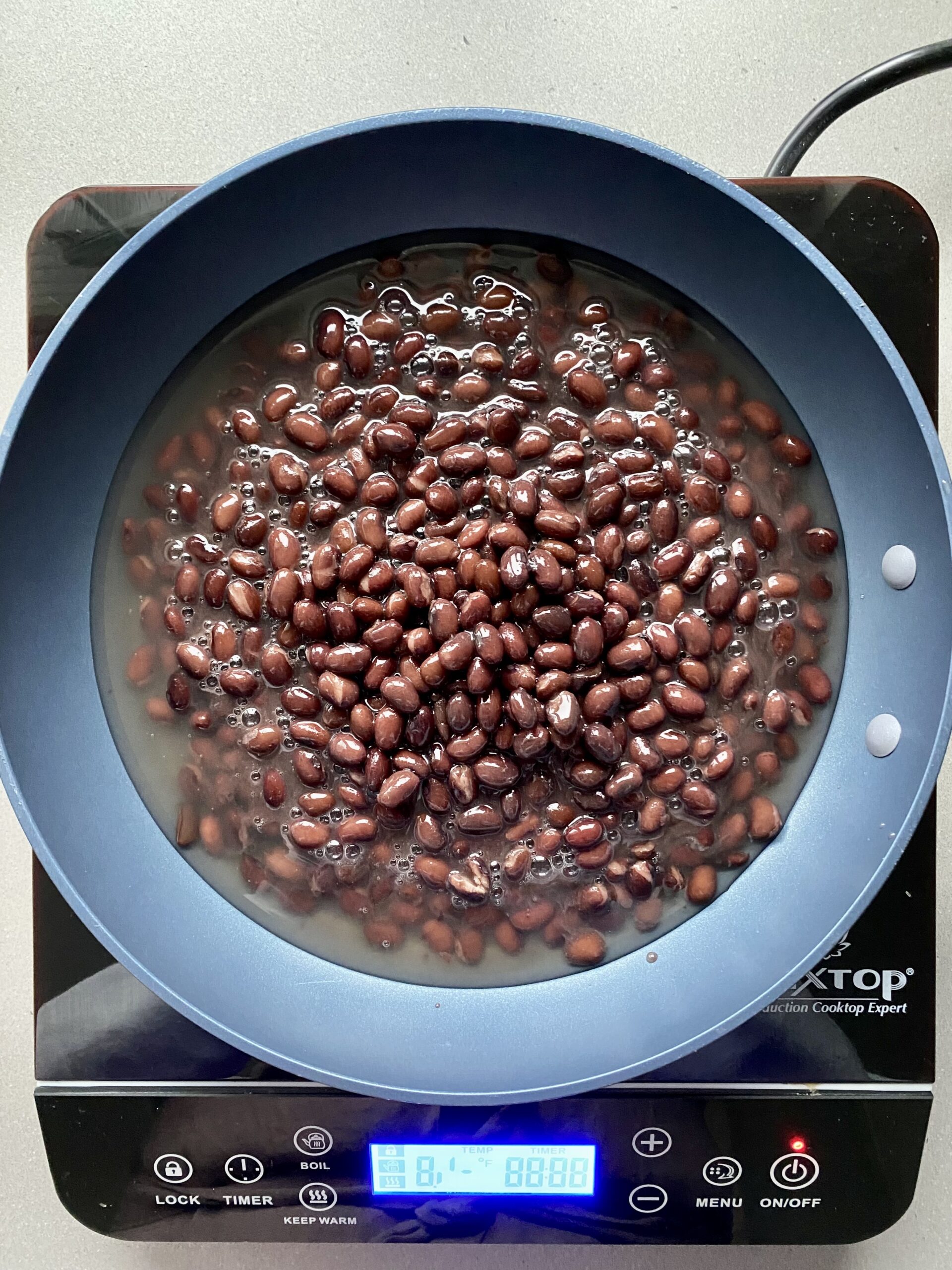canned black beans in a pan.