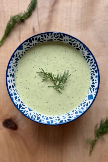 dill pickle dressing in a small bowl.
