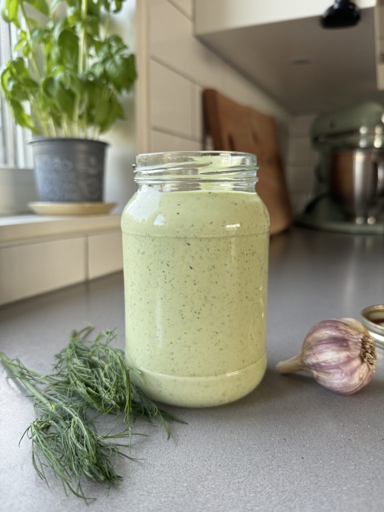 dill pickle dressing in a mason jar for salad