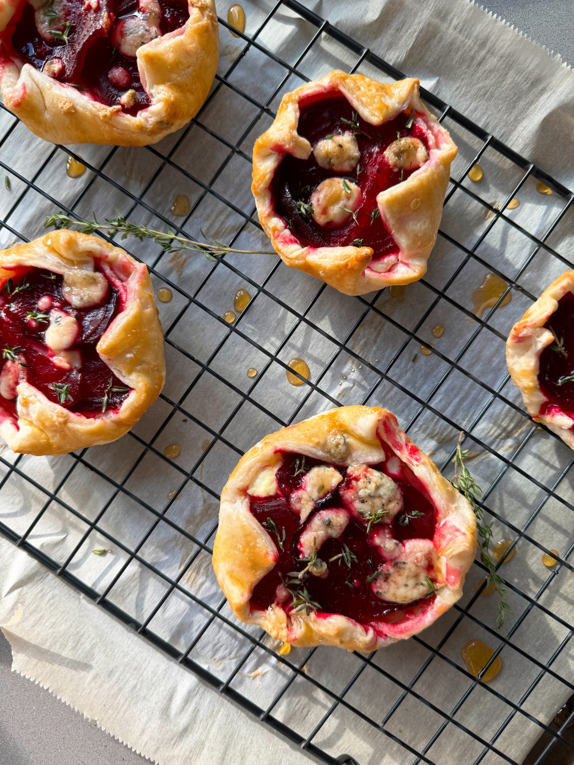 Beet galette mini beetroot galette with blue cheese and hot honey
