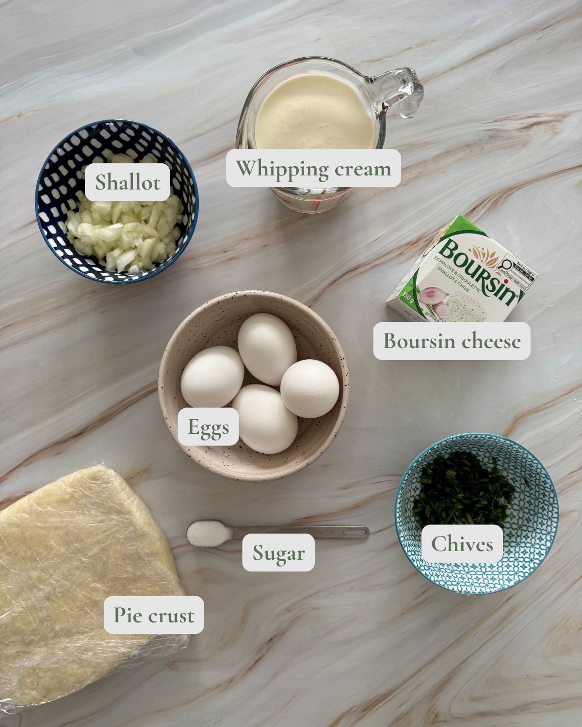 boursin quiche labelled ingredients.