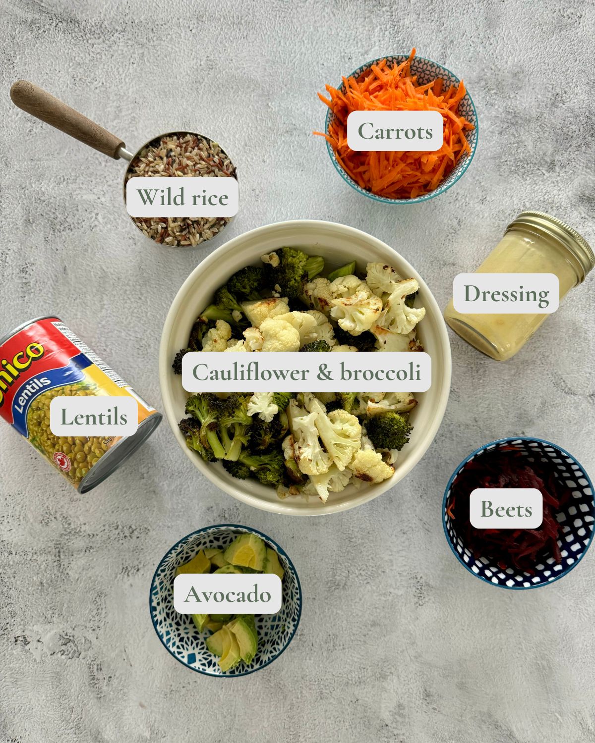 wild rice buddha bowl labelled ingredients.