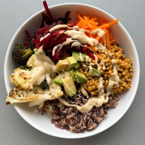 wild rice buddha bowl in a white bowl