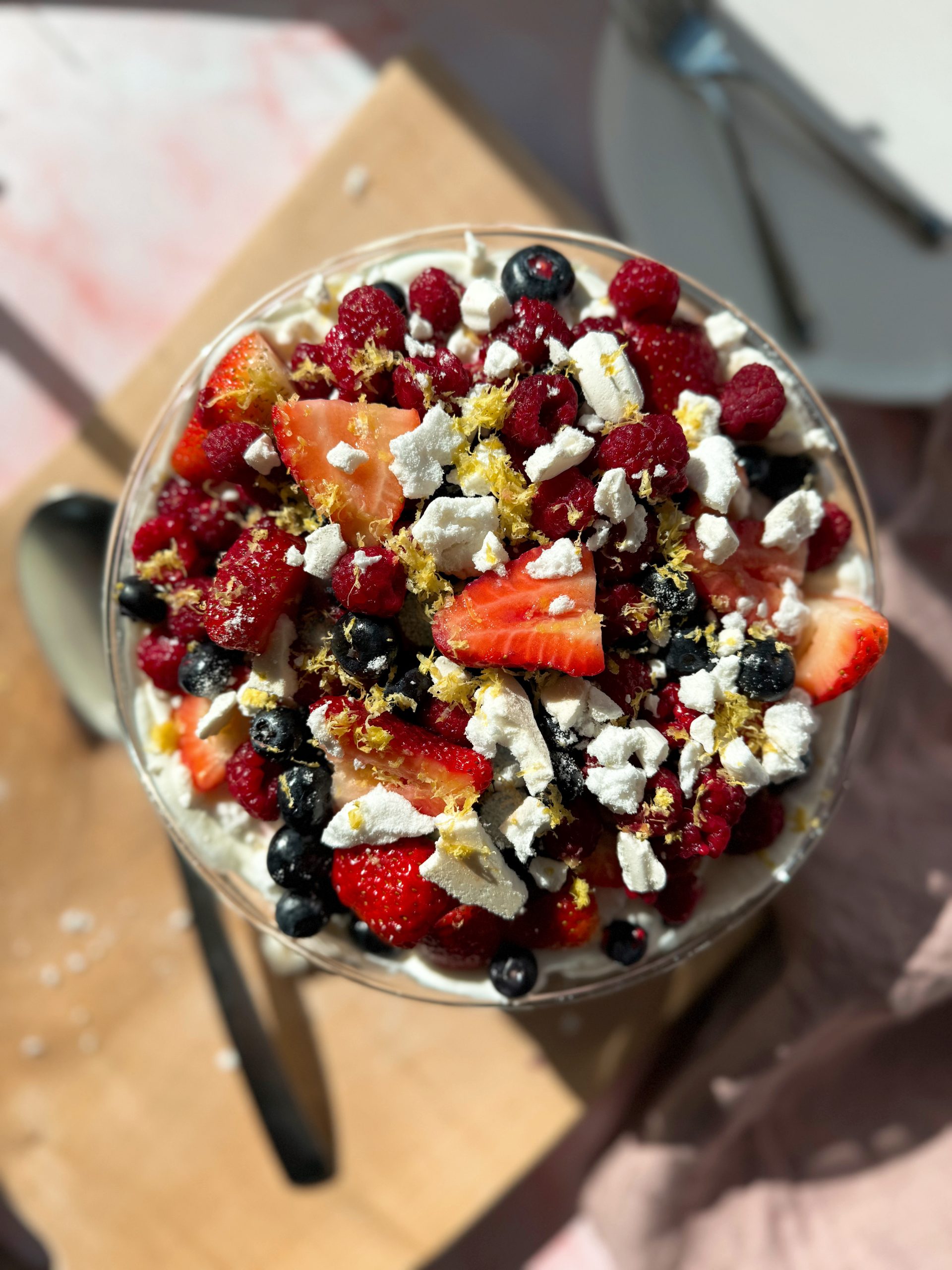spring eton mess with fresh and frozen berries
