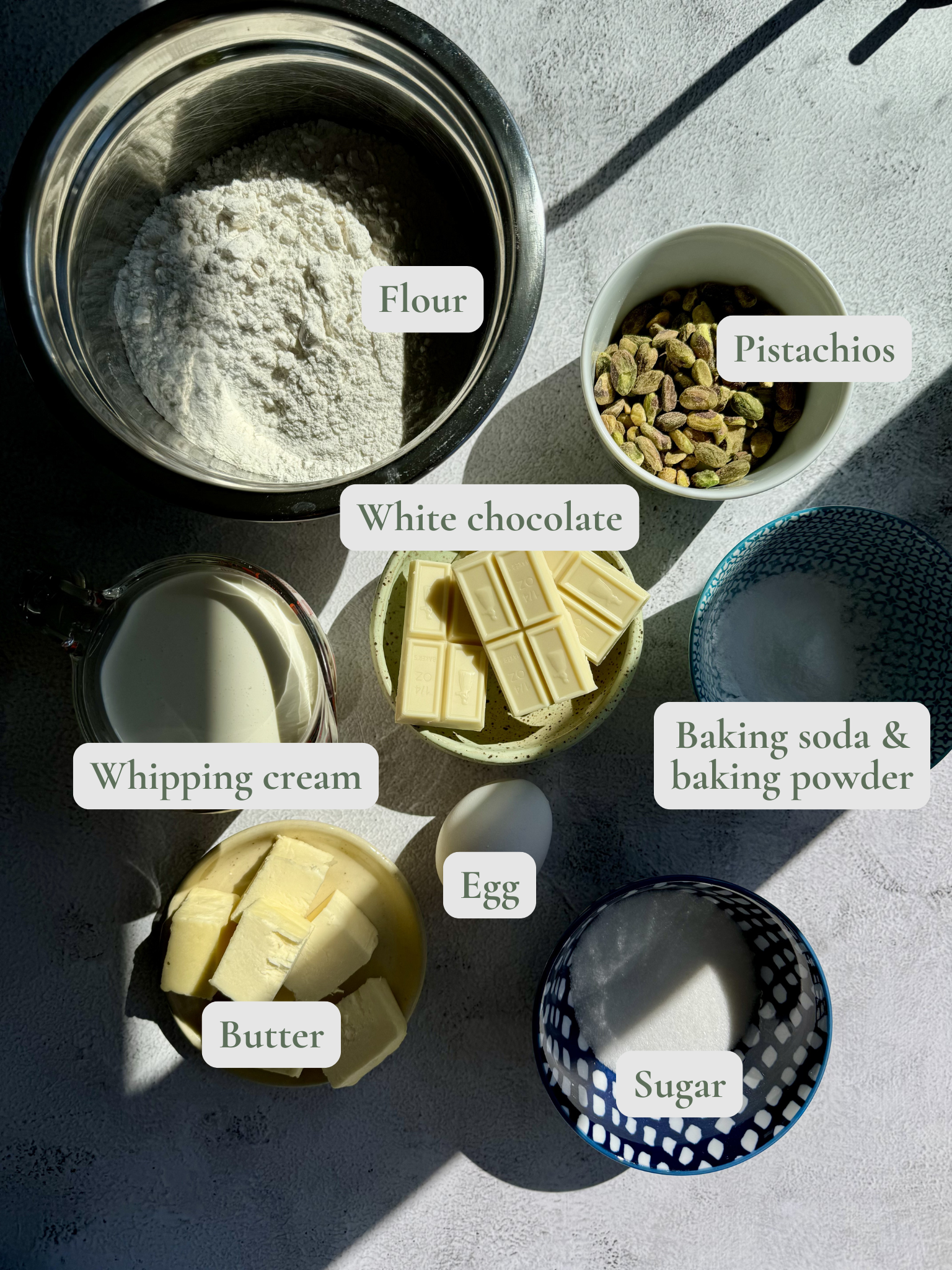 white chocolate pistachio scone ingredients.
