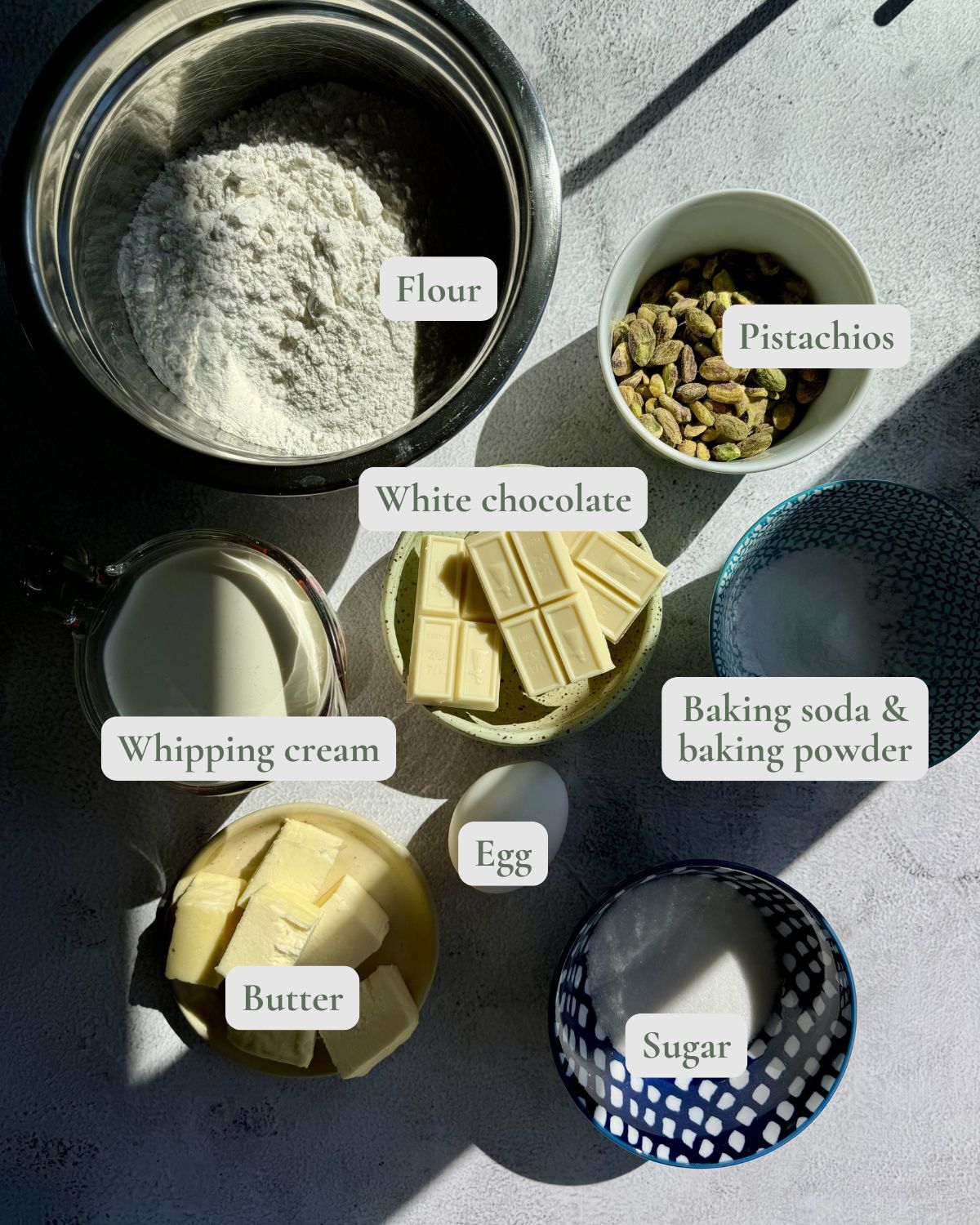 labelled ingredients for white chocolate pistachio scones.