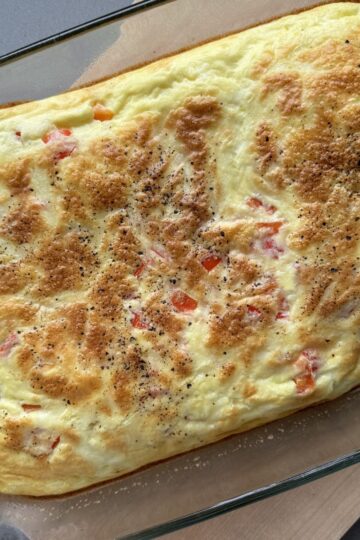high protein breakfast bake in a glass dish.