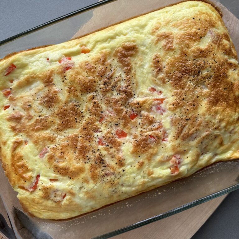 high protein breakfast bake in a glass dish.