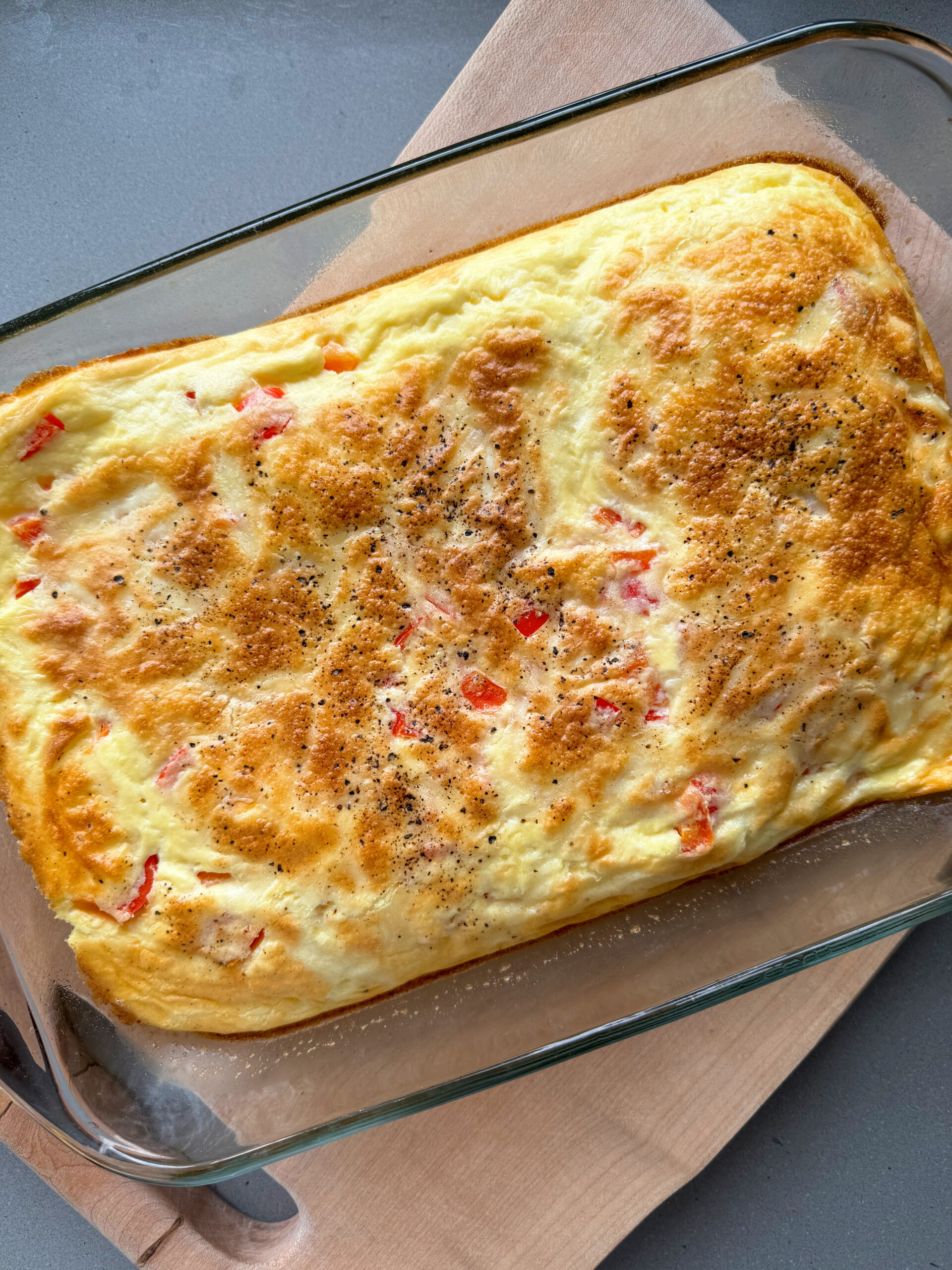 high protein breakfast bake in a glass baking dish.