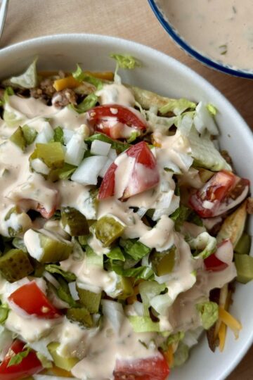 loaded big mac fries in a bowl.