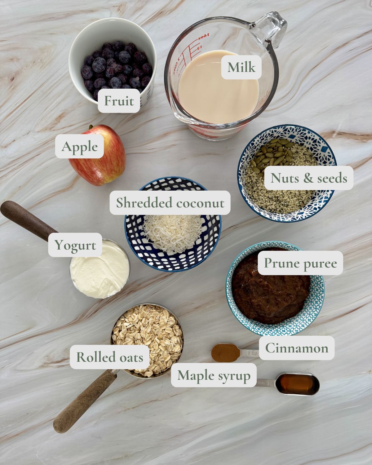 healthy muesli with prune puree labelled ingredients.
