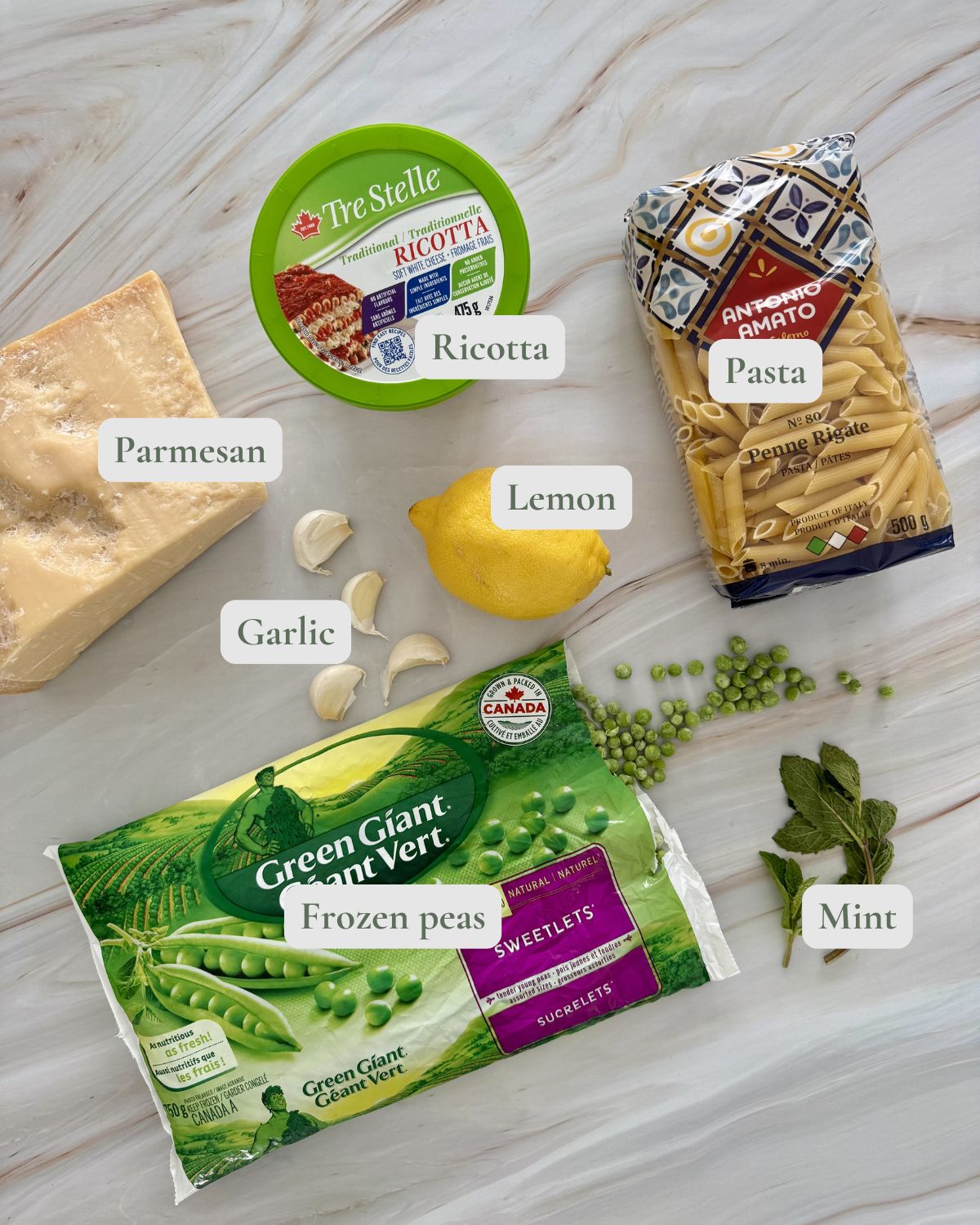 pea ricotta pasta labelled ingredients.